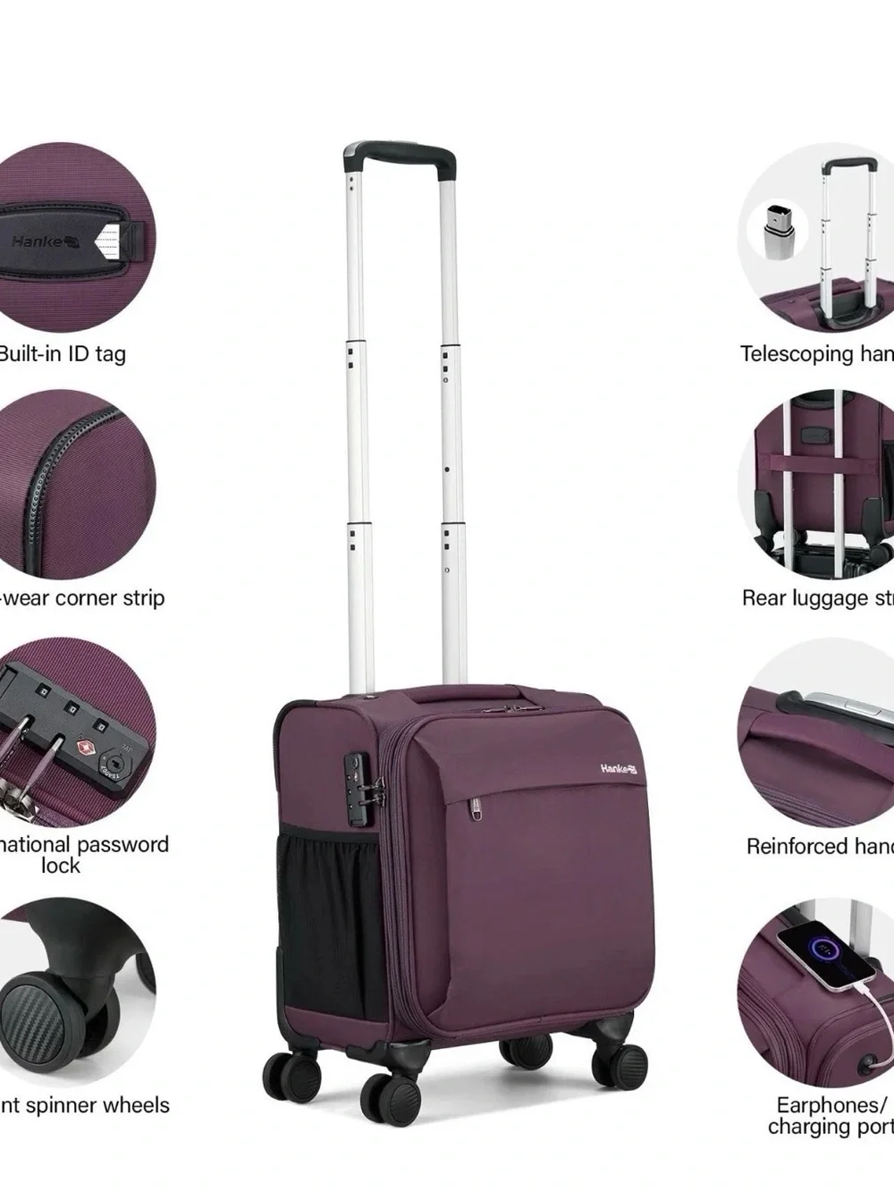 Hanke 16” Underseat Carry-On Luggage Small Softside Suitcase with Wheels Purple